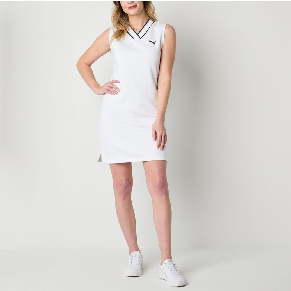 NWT-puma-L-white-sleeveless,pullover,V-neck, knit, embroidered logo, shirt dress